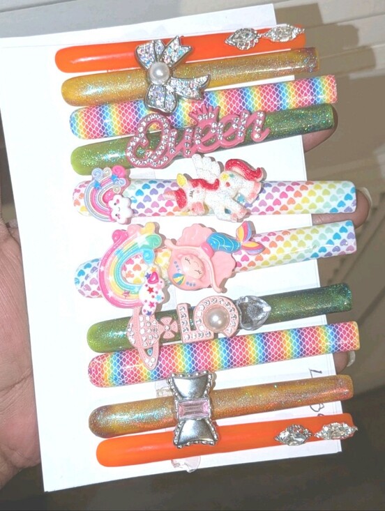 Handmade Other - SolddddHand Crafted 6Xl Acrylic Rainbow & Orange Press-On Nails Set with Charms